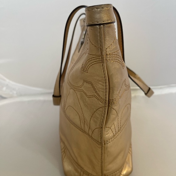 Coach Metallic Gold Signature Stitched Leather Tote - Picture 4 of 13